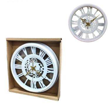 Imagem de Relogio De Parede Industrial Rustico Estilo Madeira Design Vintage Romanos 30cm Decorativo Branco