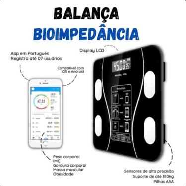 Imagem de Balança Digital Preta Vidro Bluetooth Completa Bioimpedância App 140kg