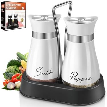 Imagem de Saleiro e pimenteiro, conjunto de saleiro e pimenteiro com suporte, alça galvanizada, dispensador de garrafa de vidro de aço inoxidável de 118 ml, para mesa, trailer, acampamento, churrasco (branco)