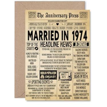 Imagem de Stuff4 Cartão de aniversário de 51 anos para homens e mulheres - Jornal vintage casado em 1974 - Cartão de aniversário de casamento feliz de 51 anos para esposa companheira marido parceiro, cartões