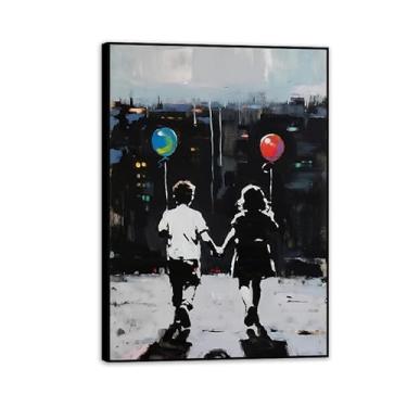 Imagem de Banksy Graffiti Menino Menina com Balão em Tela Impressões Pop Street Wall Art Pintura para Sala de Estar Decoração de Casa Cuadros Moldura 100x70cm (83.8x71.1 cm) Pronto para Pendurar