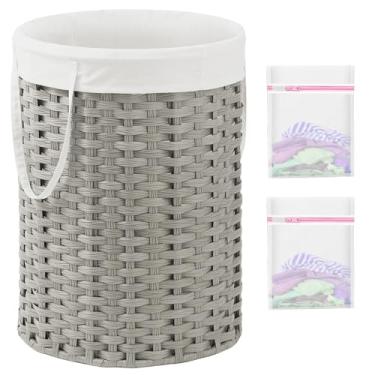 Imagem de SETVSON Cesto de lavanderia redondo de vime de vime de 110 L, cesta de vime grande tecida à mão com alças, cesto de vime com sacos removíveis e 2 sacos de malha para banheiro, sala de estar, cinza