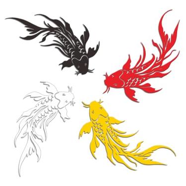 Imagem de Xedatric Arte de parede de metal Koi Fish - decoração de parede japonesa de quatro cores com preto branco vermelho dourado Koi-Symbolic Harmony & Prosperity for Zen Spaces