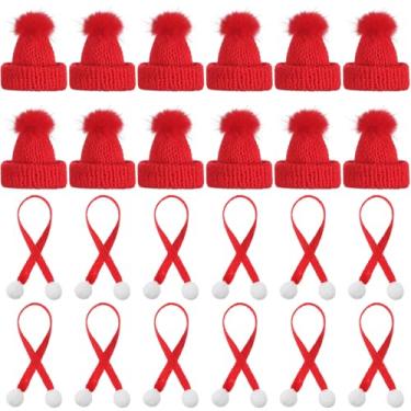 Imagem de Bencailor Conjunto de 48 mini chapéus de tricô de Natal e mini cachecol de Natal, gorro de tricô, cachecol de Papai Noel, enfeites de árvore para decoração de boneca de arte DIY (vermelho brilhante)