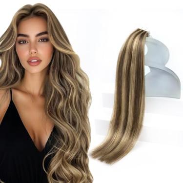 Imagem de Sunny Hair Extensões de cabelo humano real com fita adesiva invisível Remy extensões de cabelo para mulheres marrom escuro destaque caramelo loiro 50 cm 20 peças 50 g