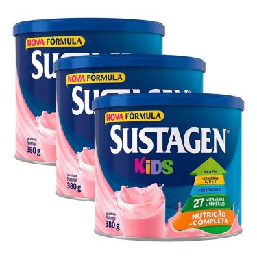 Imagem de Complemento Alimentar Sustagen Kids Morango Lata 380g | Kit com três unidades