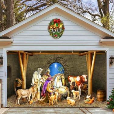 Imagem de Faixa de Natal para porta de garagem de presépio 4,9 x 2,1 m, murais de presépio, cobertura de decorações de garagem de Natal extra grande, fundo de pano de fundo de feliz Natal para foto faixa de garagem de Natal