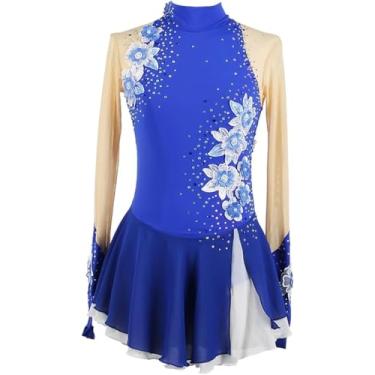 Imagem de Meninas Patinação Artística Vestido Terno De Competição Mulheres Mangas Compridas Strass Ginástica Collant Ballet Dança Outfit, Blue, 3XS