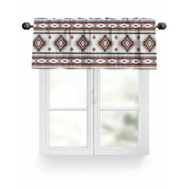 Imagem de HERBED Cortina de janela para cozinha, vermelho, cinza, sudoeste, nativo, asteca, estilo étnico, geométrico, bolso para varão, saia curta, tratamentos para quarto, cozinha, sala de estar 107 x 30 cm
