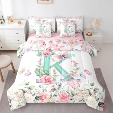 Imagem de Erosebridal Conjunto de cama infantil, monograma, letra K, solteiro, 7 peças, com letra K, para decoração de quarto de meninos e meninas, conjunto de cama de jardim e borboletas florais
