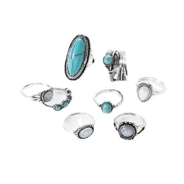 Imagem de Conjunto de 8 anéis femininos com opala turquesa boêmia, empilhável, vintage, punk folha, turquesa, joia boho, Zinco, Sem pedra preciosa