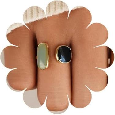 Imagem de Q&D&S Anel de pedra dupla minimalista, anel de água-marinha para mulheres, anel boêmio irregular moderno da marinha, anéis empilháveis de esmalte azul vintage ajustável