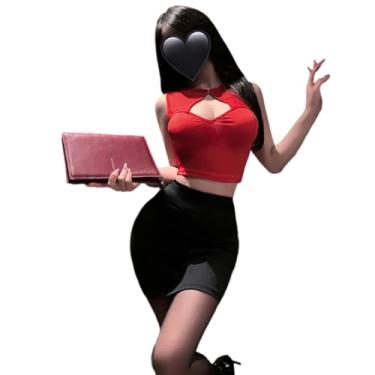 Imagem de QNCLO Saia feminina sexy que abraça o quadril, cosplay, uniforme de secretária, uniforme OL, sedução, boate, professora, roupa íntima, Vermelho, Tamanho Único