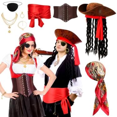 Imagem de Chicingyou Conjunto de 2 fantasias engraçadas de pirata de Halloween para adultos, fantasias de Halloween combinando, incluindo chapéu de pirata, faixa, tapa-olho, acessórios para colar, para mulheres