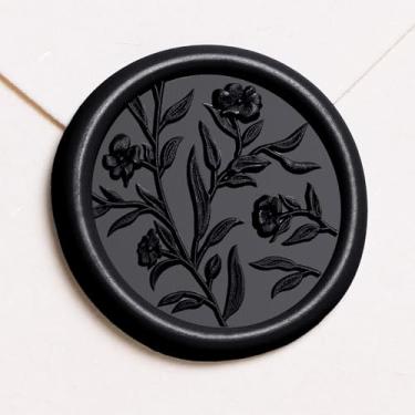 Imagem de UNIQOOO Adesivos de selo de cera - Adesivo de selo de envelope de convite de casamento floral 3D, 50 peças autoadesivas, adesivos pretos de flores, perfeitos para convite, Natal, embrulho de presente