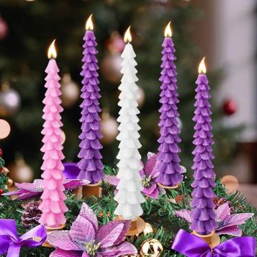 Imagem de Enhon Conjunto de 5 velas do Advento, velas cônicas em forma de árvore de 25 cm, vela de guirlanda de Natal com cera de abelha sem perfume para Natal, férias, igreja, festa ou decoração de casa (roxo