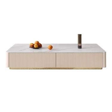 Imagem de Mesa de centro retangular de design simples, mesa de centro minimalista moderna com topo de ardósia e 4 gavetas, mesa central de sala de estar, mesa de sofá, mesa lateral minimalista fácil de montar