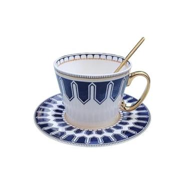 Imagem de Conjunto de xícaras de chá de leite canecas de chá de leite xícaras e pires com colheres presentes de aniversário de luxo presentes de casamento 200 ml xícara de chá azul retrô (cor: Estilo 1)