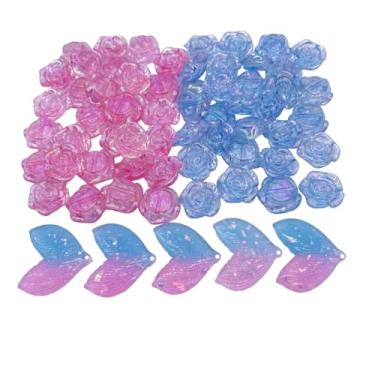 Imagem de CHCUTEILD Rosas de plástico e caudas de sereia para joias DIY - 30 rosas azuis + 30 rosas rosa, 5 caudas de sereia azul-rosa com orifício para suprimentos de artesanato DIY