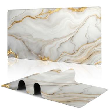 Imagem de Tapete de mouse grande com textura de mármore ouro branco para jogos tapete de mesa para teclado e mouse, base de borracha antiderrapante grande tapete de mesa com bordas costuradas para escritório de