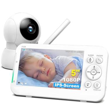 Imagem de Monitor de Bebê com Câmera HD 1080p, Tela de 5 Polegadas, Áudio Bidirecional, Visão Noturna, Controle de Temperatura, Branco