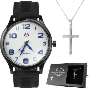 Imagem de Relogio Masculino Aço Preto + Caixa + Colar Crucifixo branco inoxidáve