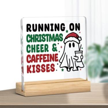 Imagem de Decoração de Natal acrílica para banheiro alegre e cafeinada com base 10 × 10 cm lindo tema fantasma resistente à água enfeite de vaidade ótimo para correr na torcida de Natal e beijos de cafeína