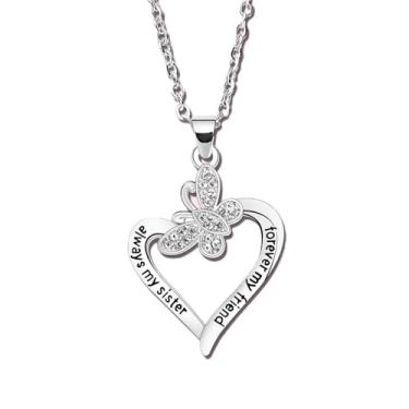 Imagem de Colar de irmã presente de amizade, coração e amor para irmãs, melhores amigas, colares de borboleta, Always My Sister Forever My Friend, One Size, Aço inoxidável, Sem Pedra Preciosa