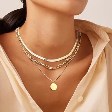 Imagem de Conjunto de 3 colares femininos empilháveis banhados a ouro 14K com pingente ajustável, cruz, moeda/coração, corrente de aço inoxidável, colares de ouro prata para mulheres, 16-20inches, Aço