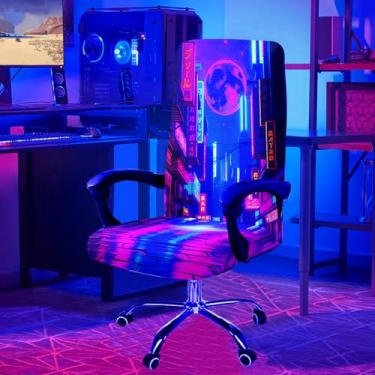 Imagem de Simpkeely Capas para cadeira de escritório e computador com estampa elástica Blacklight, capa protetora de cadeira giratória universal japonesa Cyberpunk UV reativa com zíper