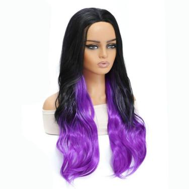 Imagem de Peruca Midd Long Wavy Ombre preta a roxa 80 cm para mulheres - yiweisa