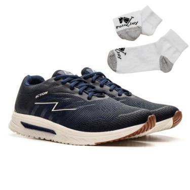Imagem de Kit Tênis + Meia Masculino Action Street Corrida Macio, Marinho, 38