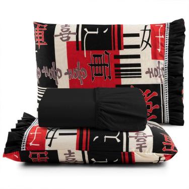 Imagem de Jogo Cama Lençol Fiore Queen Estampado 180 Fios 100% Algodão Com Babadinho 3 Peças Preto Oriental Japonês