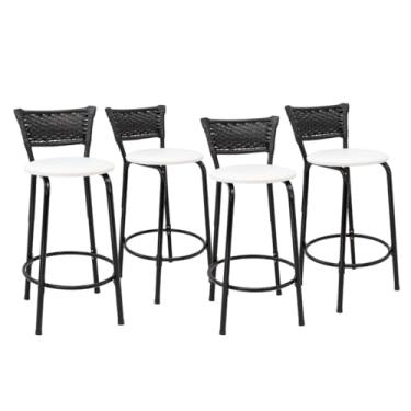 Imagem de Kit 4 Banco Para Bancada Cozinha Gourmet Estrutura Preta Encosto Junco Preto Balcão Ilha Bar Banqueta 60cm Itagold (Assento Branco)