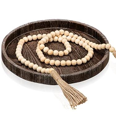 Imagem de Bandeja redonda de madeira natural, bandeja de mesa rústica e guirlanda de contas de fazenda com contas decorativas de borla para mesa de jantar de café, bandeja em camadas para decoração de parede