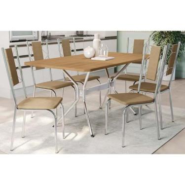 Imagem de Conjunto Mesa Sala Jantar Loire Tampo Madeirado 90x160cm E 6 Cadeiras Lisboa Cromado Nogueira Capuccino Kappesberg