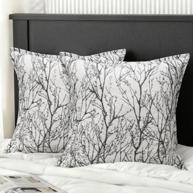 Imagem de DriftAway Capas de almofada acolchoadas com ramo de árvore padrão clássico impresso quadrado decorativo para decoração de cama de sofá de casa 66 x 66 cm, 2 peças, cinza