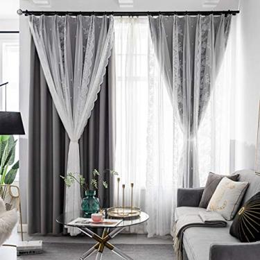 Imagem de Cortina blecaute de camada dupla com sobreposição de tule para sala de estar, blackout misto de voile bordado de renda em camadas sólido lápis plissado painel de cortina, quarto de menina/isolamento