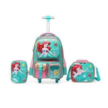 Imagem de Kit Mochila Rodinha Disney Lancheira Estojo Sereia Ariel Escolar