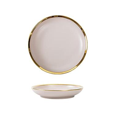 Imagem de 20 cm Design de borda dourada redonda cerâmica salada/massa/fruta/aperitivo/pratos de sobremesa pratos de jantar de Natal - conjunto de 2 pratos de jantar rosa/cinza (cor: rosa, tamanho: 20 cm)