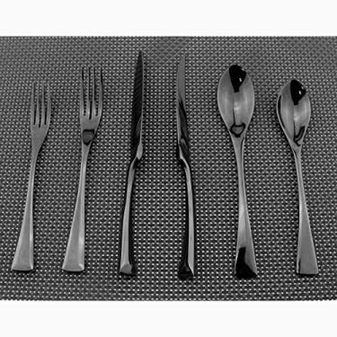 Imagem de Conjunto de talheres Uniturcky 18/10 de aço inoxidável polido preto talheres – Conjunto de utensílios de prataria, faca de bife serrilhada, garfo, faca de jantar, colher de sobremesa, garfo, colher de sobremesa, serviço de 24 peças para 4 pessoas