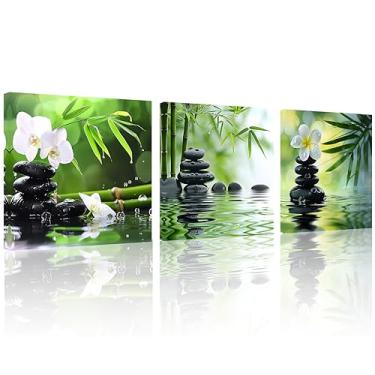 Imagem de TutuBeer 3 painéis Zen Canvas Wall Art Spa Wall Art Spa Pedras de Orquídea Branca Flor e Verde Bambu Imagens Impressões em Tela para Decoração de Parede de Escritório em Casa Esticada e Emoldurada