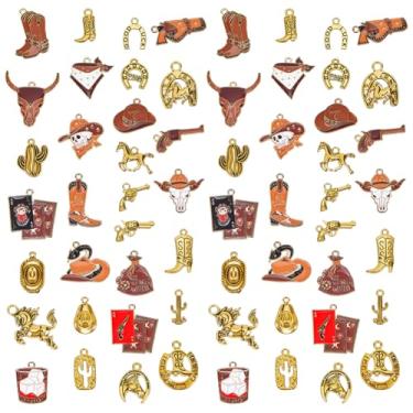 Imagem de PH PandaHall 60 peças 30 berloques estilo caubói ocidental para fazer joias chapéu de cowboy encantos boina boi crânio cavalo cacto pingentes liga esmalte pingentes dourados antigos para pulseira