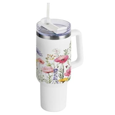 Imagem de xigua Copo vintage de flores silvestres de 1,134 g com alça e canudo, aço inoxidável duplo isolado a vácuo garrafa de água suporte de copo de garrafa de água amigável à prova de vazamento copo de