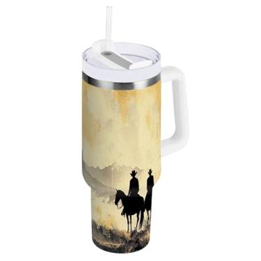 Imagem de xigua Copo vintage Western Cowboy de 850 g com tampa e canudo, aço inoxidável de vácuo duplo isolado garrafa de água esportiva suporte para copo de café de viagem à prova de vazamento para bebida