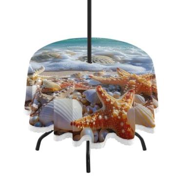 Imagem de Blueangle Toalha de mesa redonda de 152 cm à prova d'água com estrela do mar e coral com orifício para guarda-chuva - Tecido resistente à prova de sol para todos os climas para pátio, acampamento