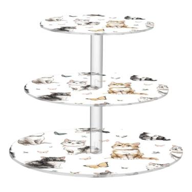 Imagem de Blueangle Suporte redondo de cupcake de 3 camadas – torre de sobremesa de acrílico para gatos fofos, suporte de sobremesa em camadas antiderrapante para chá de bebê, aniversário, festa de casamento