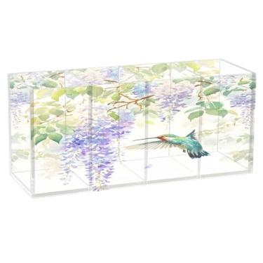 Imagem de SEHANY Lindo porta-canetas de acrílico com flores em aquarela, pássaro, 4 compartimentos, porta-lápis transparente, organizador de pincéis de maquiagem, organizador de papelaria para escritório, casa