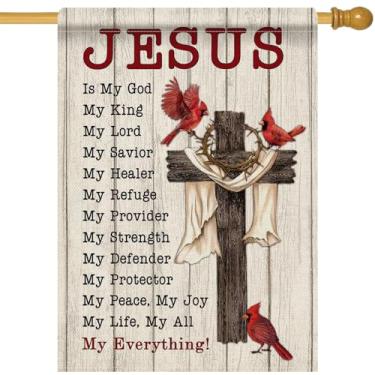 Imagem de Dyrenson Cruz Cristã Cardeal 28 x 40 Bandeira de Casa Dupla Face, Religioso Jesus is My God Pássaros Vermelhos Decoração de Quintal Jardim Verso Bíblico Serapilheira Decoração Externa Bandeira Grande