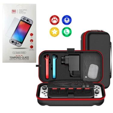 Imagem de Kit Case Nintendo Switch Oled Espaçosa + Película + Grips